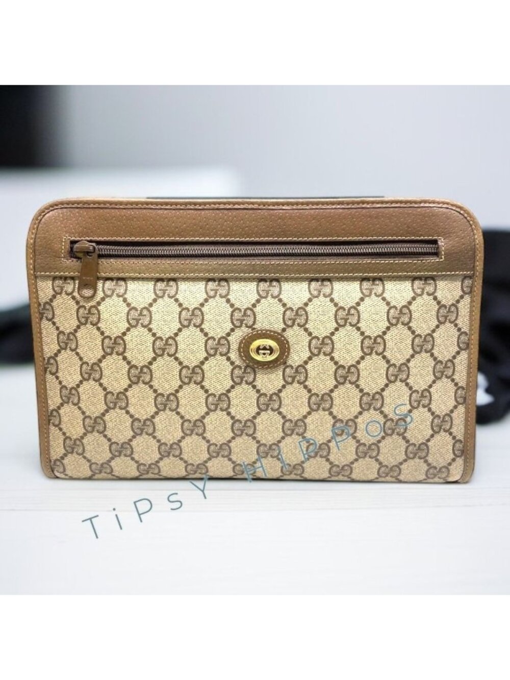 Gucci GG Supreme Monogram Brown Clutch Bag With Leather Trim - 97.01.037